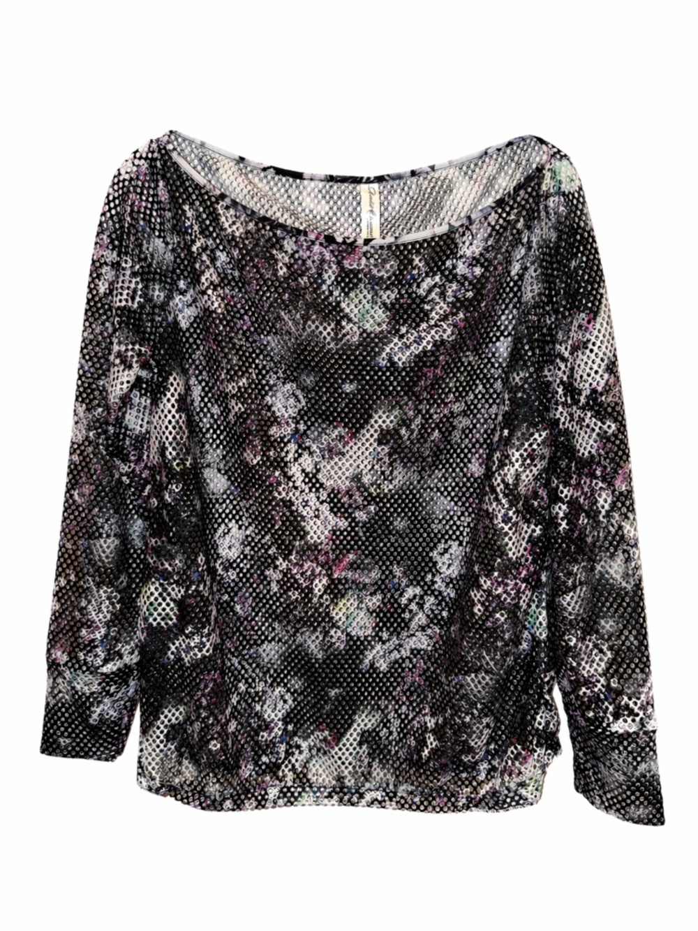 Denise Cronwall Black Sheer Mesh Top Size Large Abstract Print Lightweight Activ